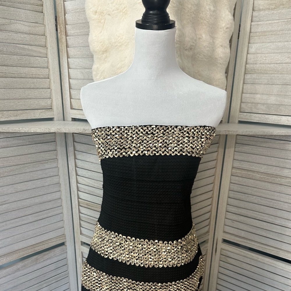 NEW•VENUS•XL• SHIMMER ON GORGEOUS BLACK & GOLD GLAM STRAPLESS BODY CON - Picture 7 of 16